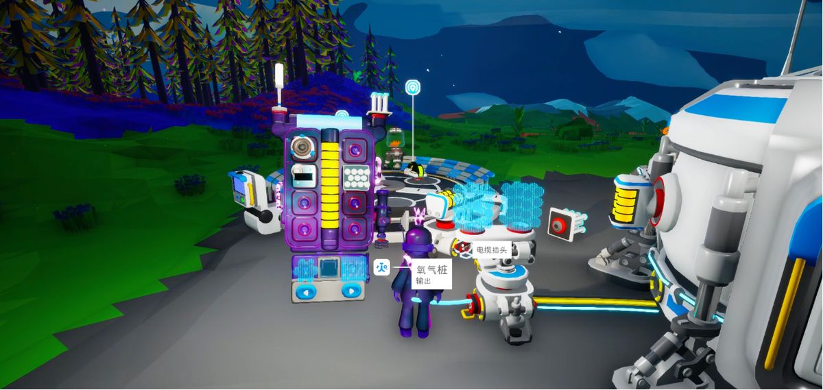 着陆停机坪在星球表面展开的全景图，飞行器正缓缓降落，周围连接着能源与物资管道