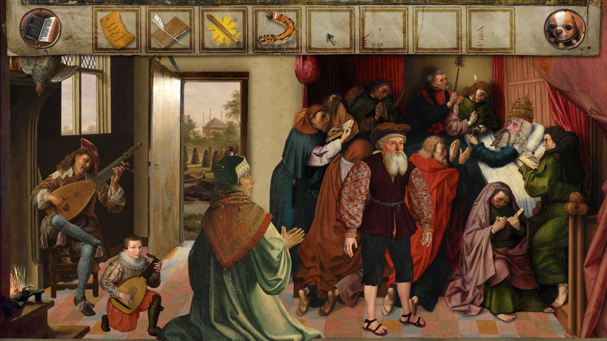 游戏中的城镇景观，建筑与人物均以古典油画风格呈现，色彩浓郁且富有戏剧性