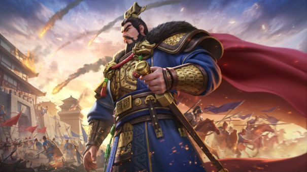 《偃武》中马超角色立绘，身着汉代铠甲，佩戴‘五星出东方利中国’织锦护臂，背景为西域沙漠，风格古朴厚重