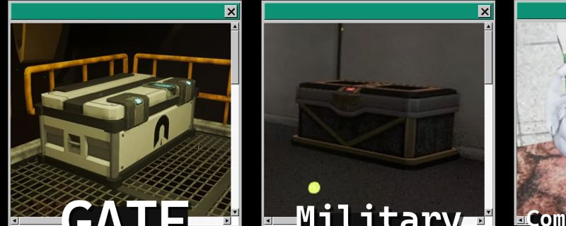 《非生物因素》游戏中三种箱子的界面展示，分别为安保箱、华丽箱和噪音箱，背景为荒凉的废土环境