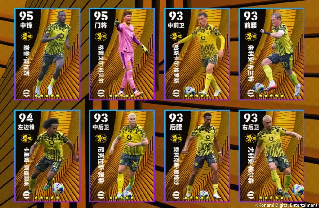 多特蒙德精选球员展示图，科贝尔身披门将战袍做出扑救动作，吉拉西高举双臂庆祝进球，背景为俱乐部主场氛围