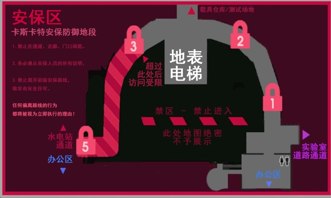 《非生物因素》安保区详细地图，标注监控覆盖范围、防御设施与关键资源点
