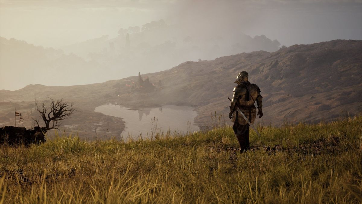 黑暗幻想风格的艺术作品，画面中一名披甲骑士伫立于破败城堡前，远处山脉连绵，天空阴云密布，氛围压抑而神秘