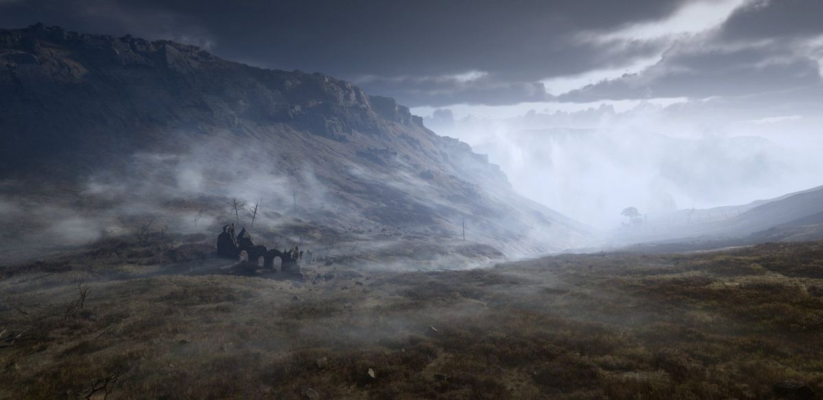 一座悬浮于悬崖之上的哥特式城堡，下方深渊中隐约可见巨兽轮廓