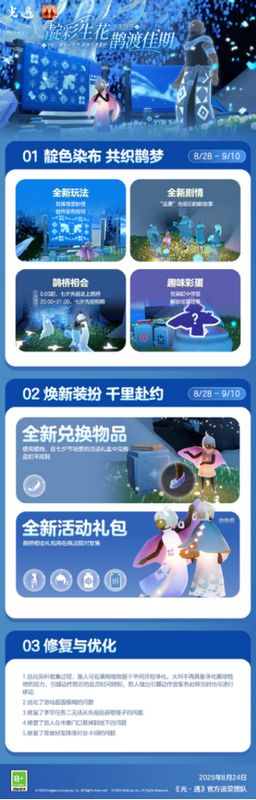 《光·遇》七夕节活动宣传图，画面中两名角色在星空下携手前行，周围漂浮着蜡烛与花瓣，充满浪漫氛围