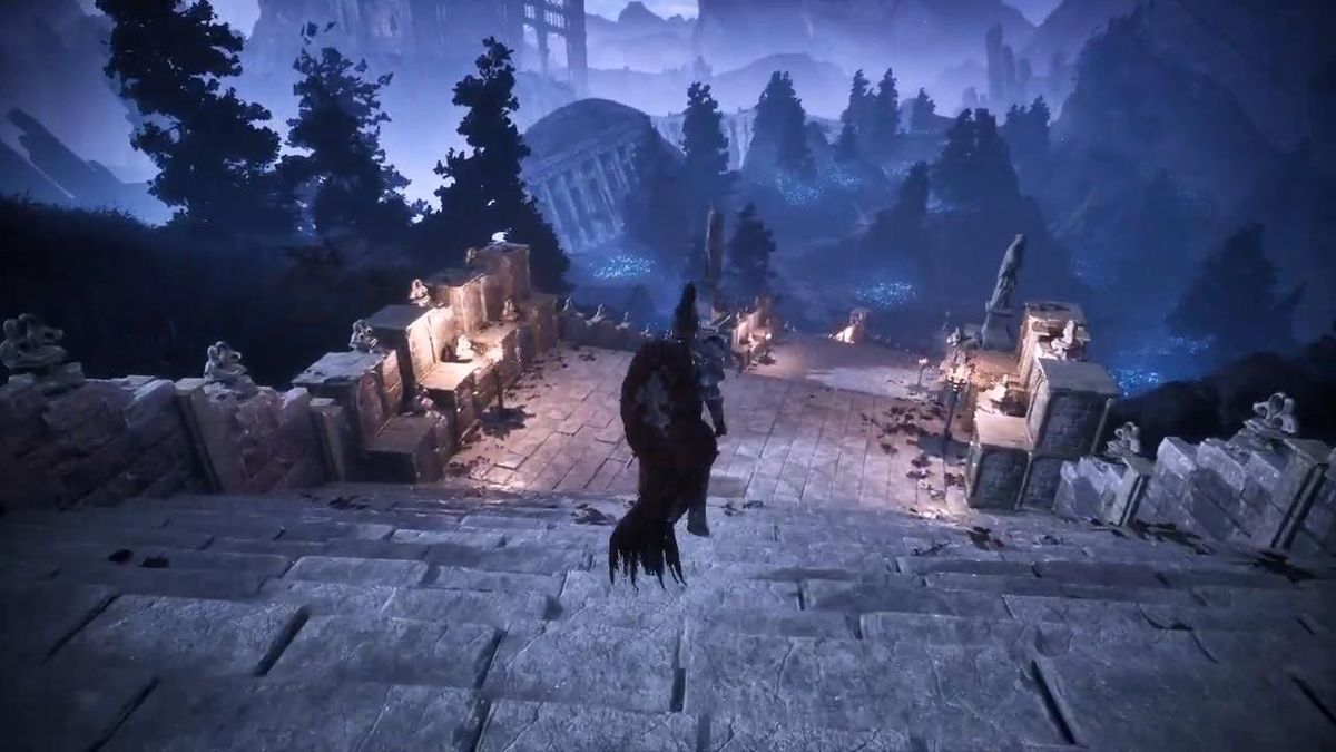 夜晚场景中的篝火照亮周围岩石，火光摇曳映照角色轮廓