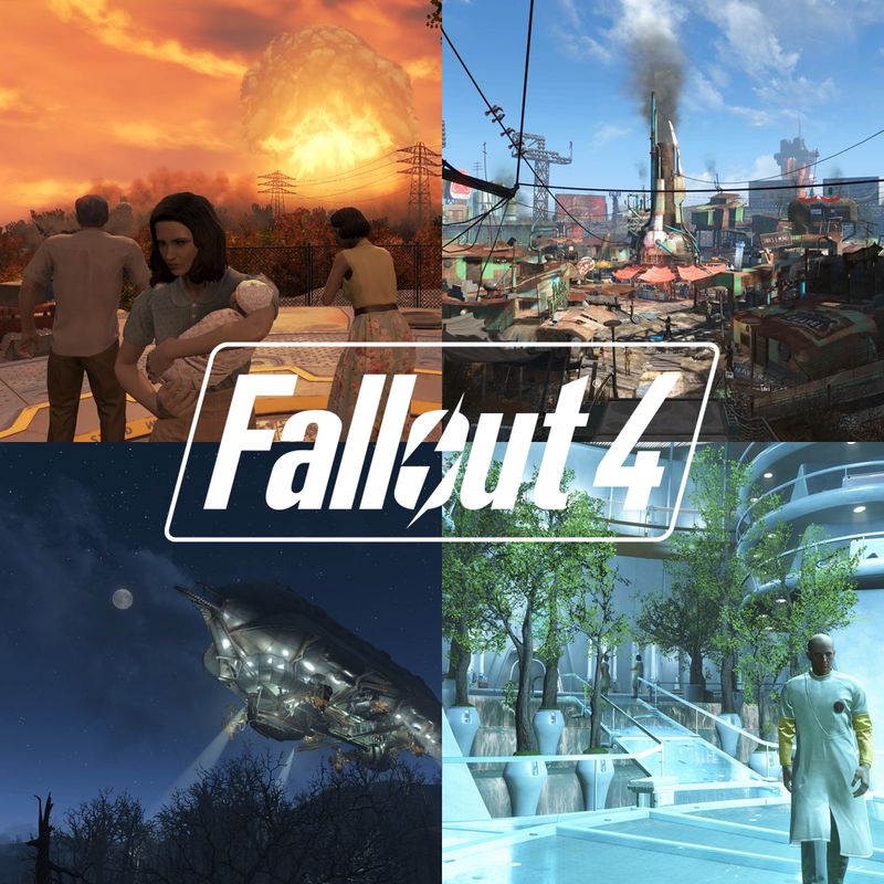 《辐射4》游戏中主角行走在废墟城市中的画面，远处是破败的波士顿 skyline，天空呈现橙黄色调