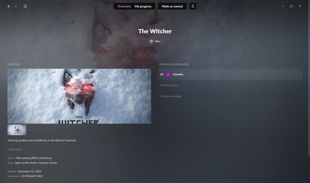 GOG平台上的《巫师4》游戏页面截图，显示发售日期为2025年12月31日，页面设计风格暗黑神秘，背景为朦胧森林与神秘符文