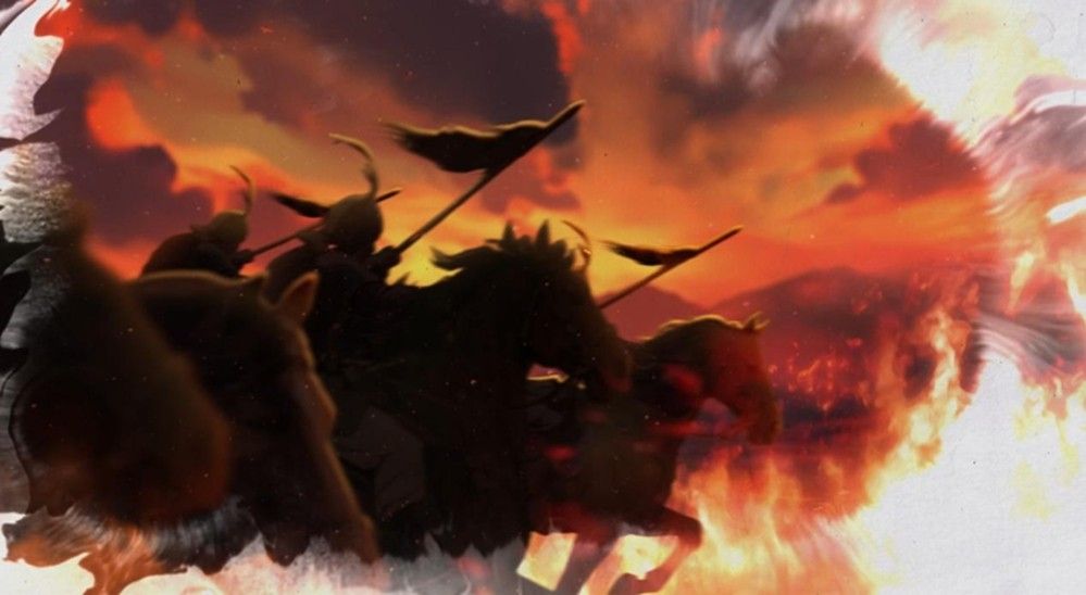 吕布形象与狼人杀角色融合设计图，背景为战火纷飞的三国城池，视觉冲击强烈