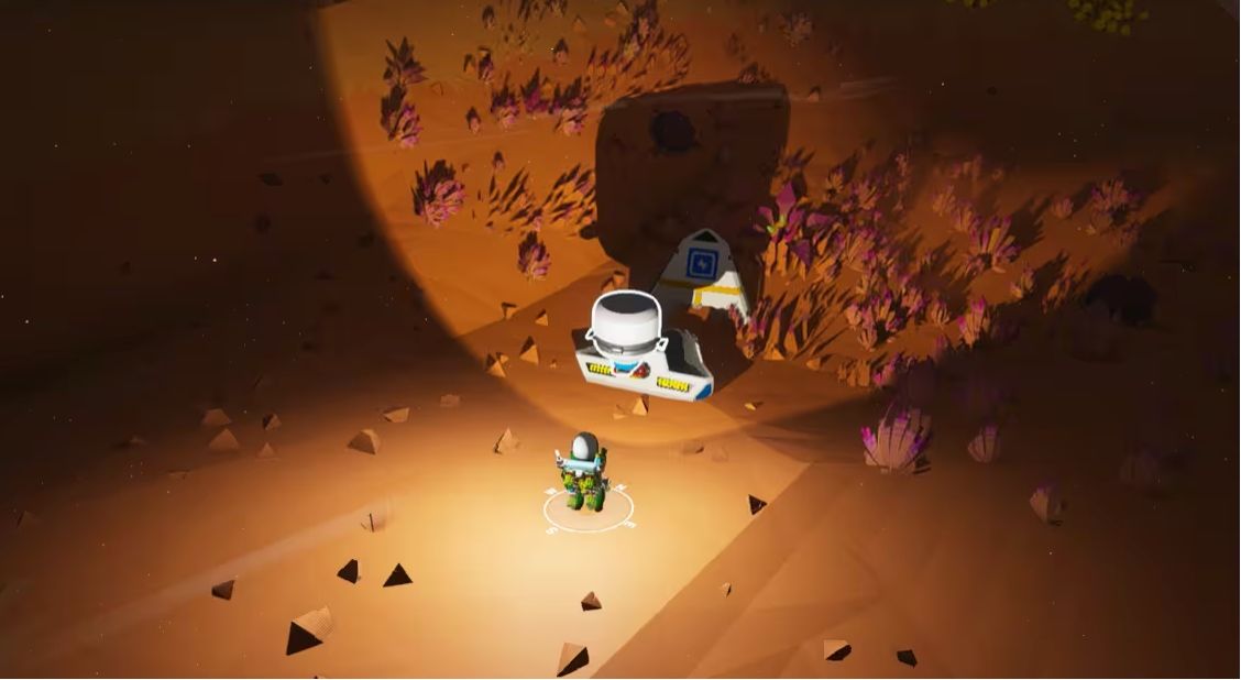 玩家角色正在采集地表的研究样本，手持扫描仪对准发光物体，界面显示‘+3200字节’数据增益