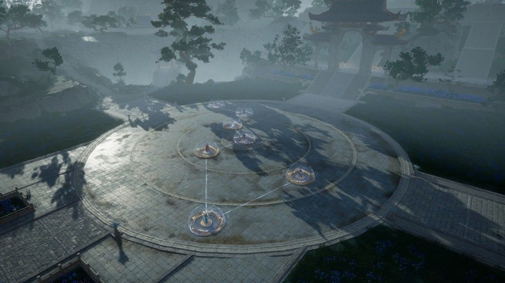 《射雕》新副本问道终南山场景，全真七子围立场中布阵，光影交错，氛围庄严而紧张