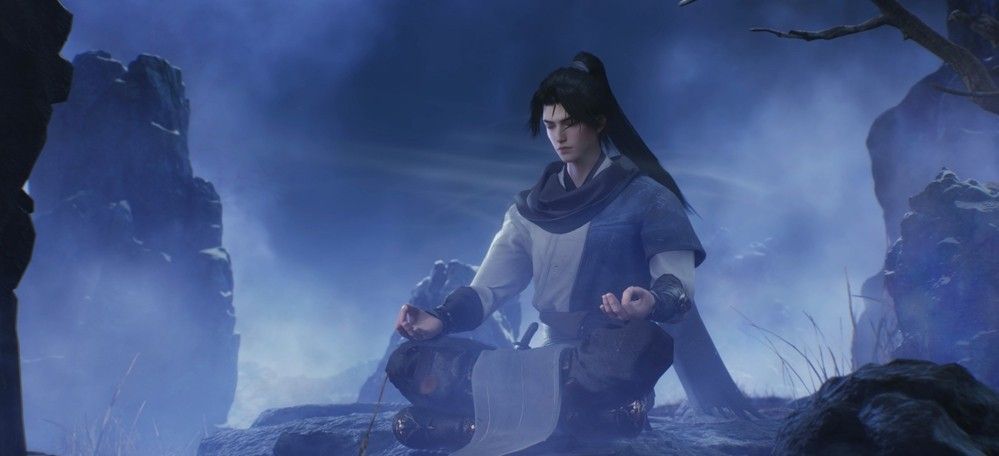 角色经脉图谱界面展示，经络亮起，搭配奇珍图标悬浮周围，科技感与武侠风融合