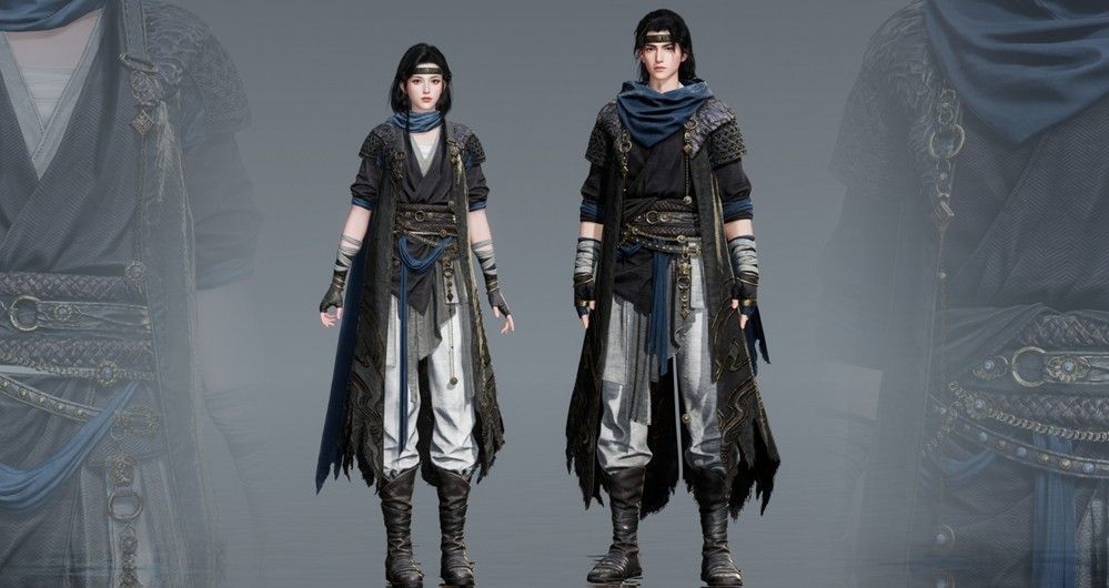 角色穿戴信陵饮外观立绘，黑色长袍随风扬起，眼神锐利，背景为夜色楼阁