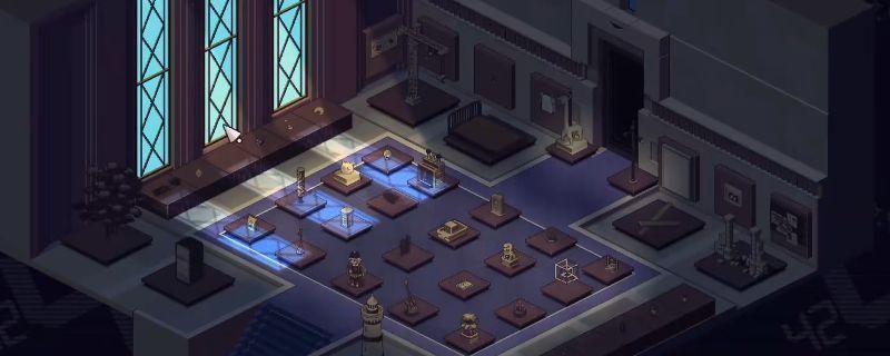 《呓语小镇》博物馆内部场景，陈列架上多个空位显示待收集状态，氛围神秘昏暗