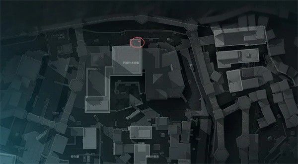 长弓溪谷地图角落放大图，黄圈标注小屋与密门相对位置