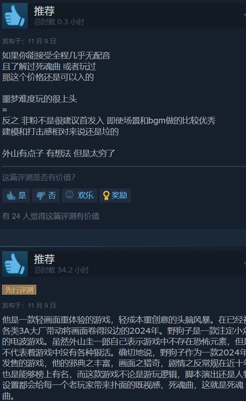 Steam玩家评测截图，文字评价提及美术出色但打击感不足