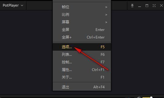 PotPlayer右键菜单界面，显示‘选项’按钮被选中，用于进入设置页面