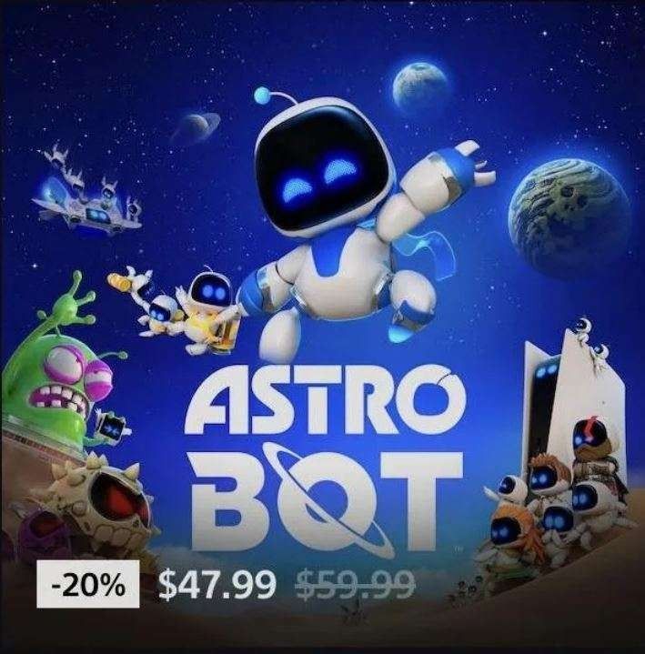 PlayStation商店界面显示《宇宙机器人》游戏封面及价格信息，部分用户可见折扣标签