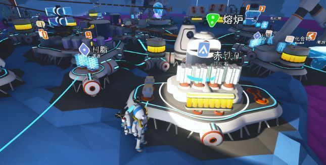 玩家在基地内将赤铁矿整齐码放在金属货架上，旁边标注‘未来科技储备’标签