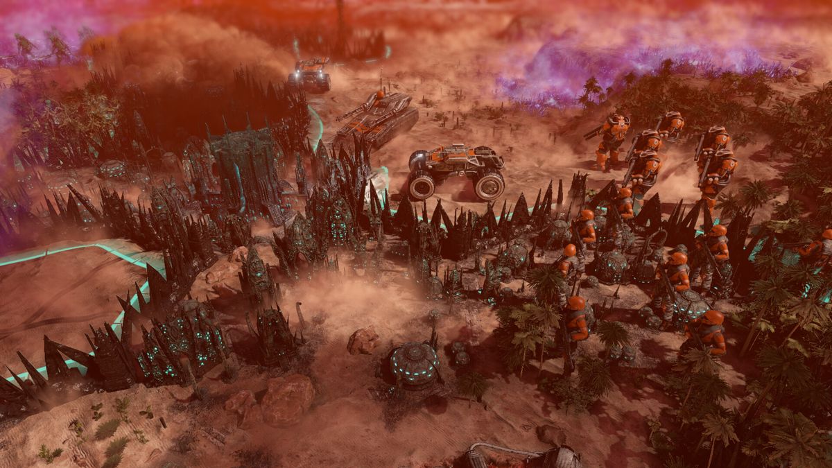 《Zephon》战斗场景截图，展示多种单位在废墟中交火，特效华丽，战场氛围紧张