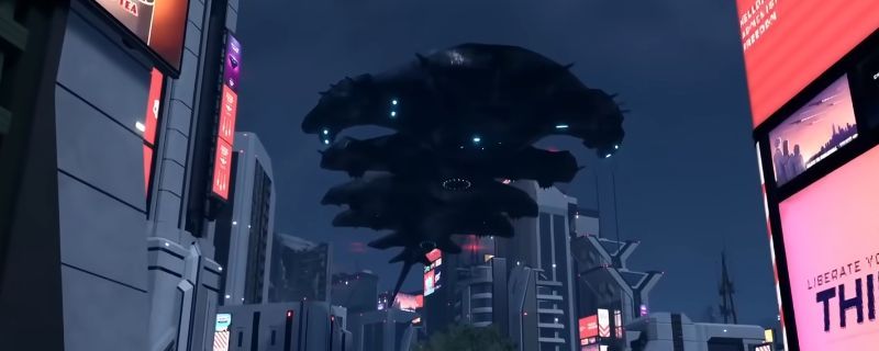 《绝地潜兵2》中利维坦在空中盘旋的场景，巨大的发光生物漂浮在城市上空，周围有玩家角色抬头瞄准