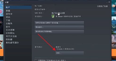 Steam设置窗口中，账户页面显示'参与当前测试'选项，右侧有'更改'按钮被选中