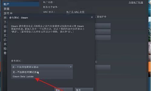 测试版本选择窗口中，'Steam Beta Update'选项被高亮选中，提示用户即将加入测试计划