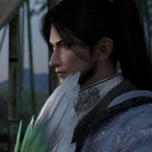 《真·三国无双 起源》中年轻诸葛亮立绘，身着青色长袍，手持羽扇，神情沉静