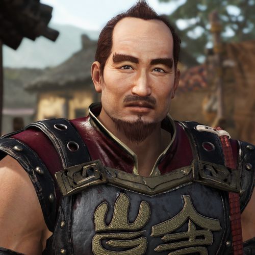 《真·三国无双 起源》中韩当立绘，身披铠甲，手持长枪，神情坚毅，背景为江东战船