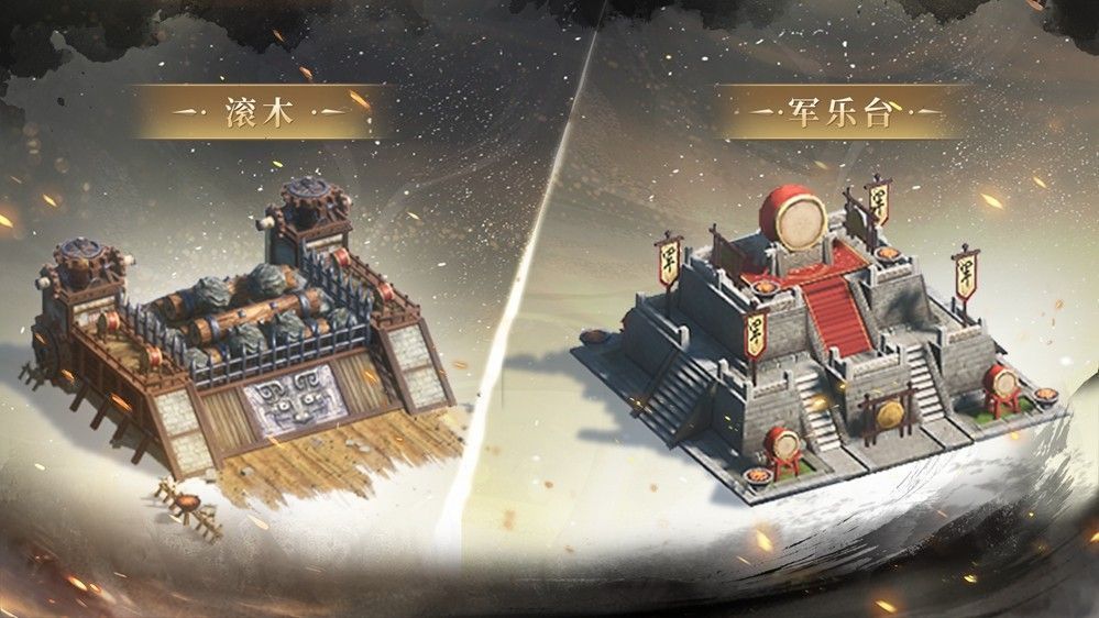 军乐台矗立战场中央，鼓声震天，周围士兵士气高涨，挥舞兵器