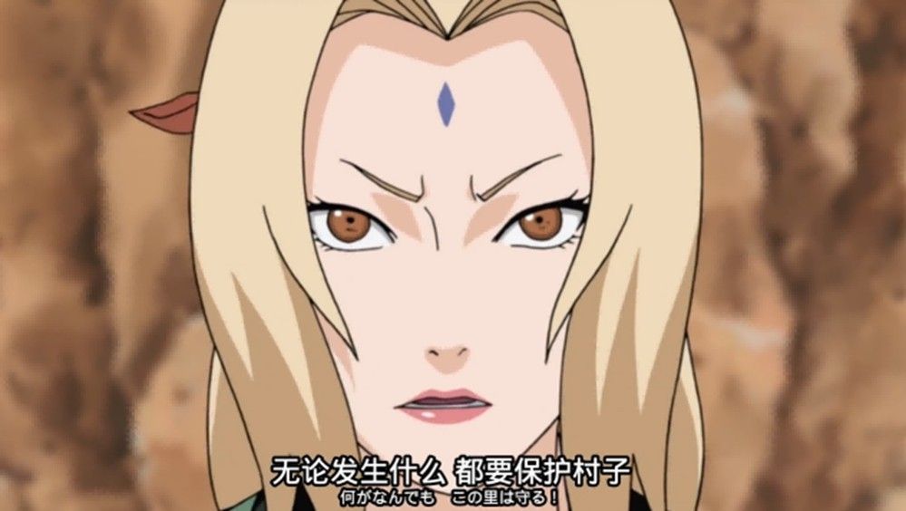 纲手在废墟中站立，双手释放绿色查克拉光芒，为周围伤员治疗，眼神坚毅