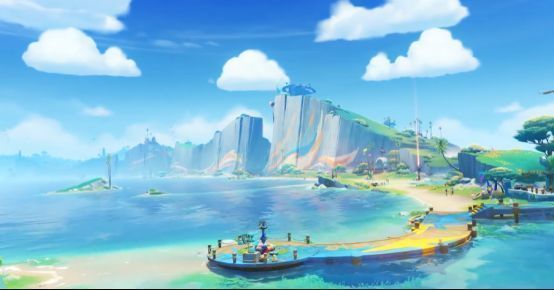 海岛全景图，碧海蓝天、白色沙滩、热带植被环绕，中央建有风格独特的度假村建筑群