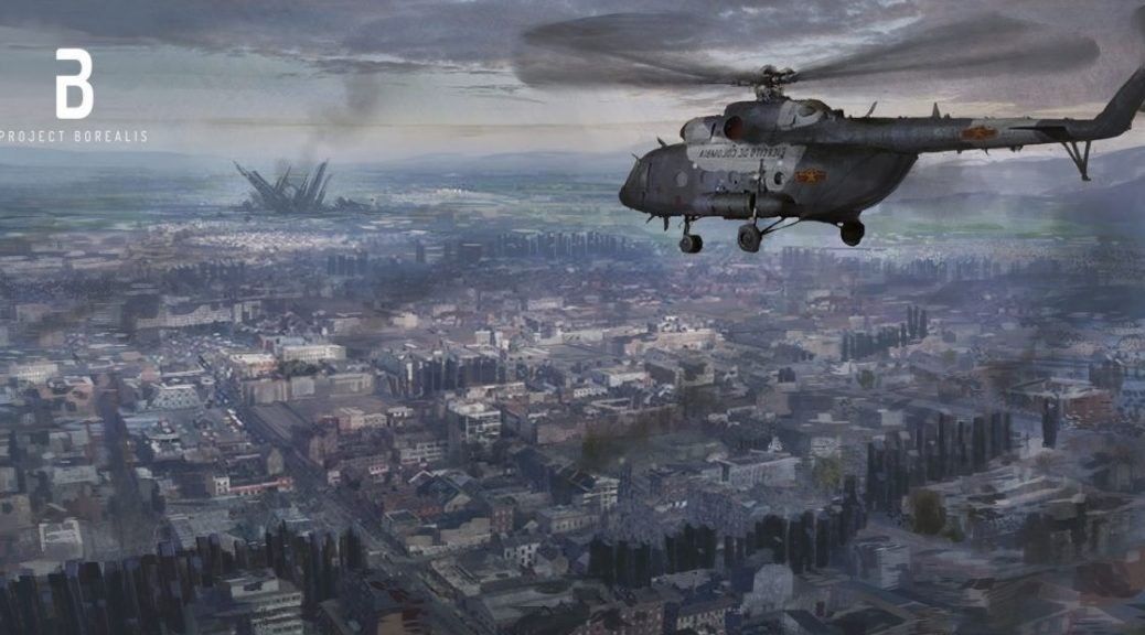 《北极光计划》官方宣传图，展现阴暗压抑的拉文霍姆小镇，远处雷电交加，氛围紧张