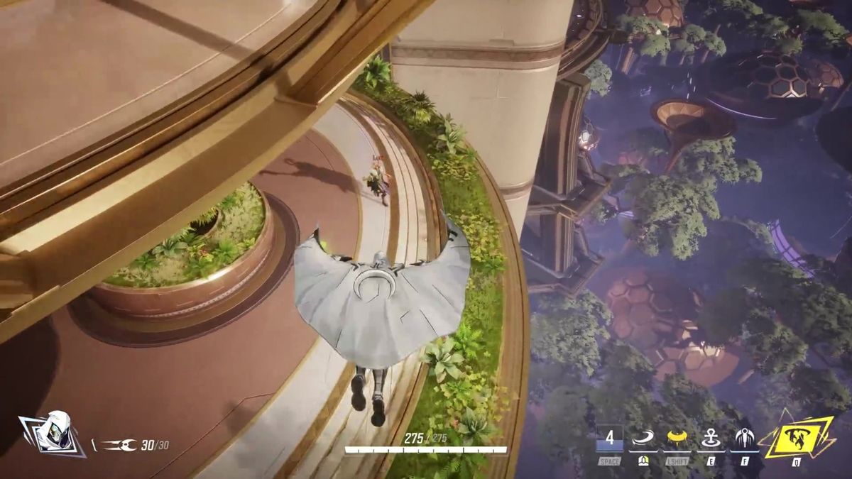 月光骑士在城市屋顶跃起，身后月光洒落，准备发动技能