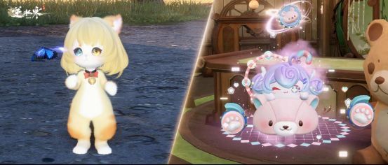 玩家骑乘由小猫驾驶的甜品主题祥瑞飞行器，背景为夕阳下的江湖城池，画面温馨可爱