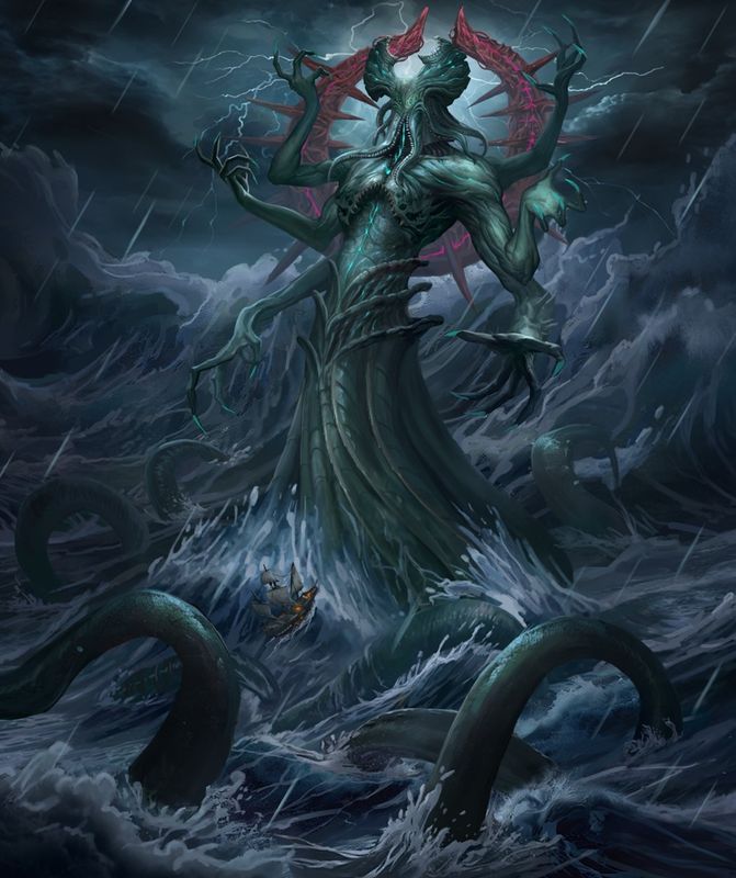 《地下城堡2》新BOSS「旧神·乌塔奎诺」立绘展示，巨大神祇悬浮于深海之中，双眼散发红光，周围环绕着狂暴的海流与触手