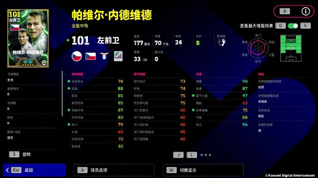 游戏内球员卡面展示：内德维德身披球衣，背景为金色光芒，属性栏显示总评101分