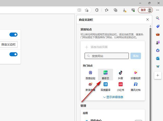 自定义边栏窗口中已勾选多个应用，如OneNote、Bing Chat和阅读进度