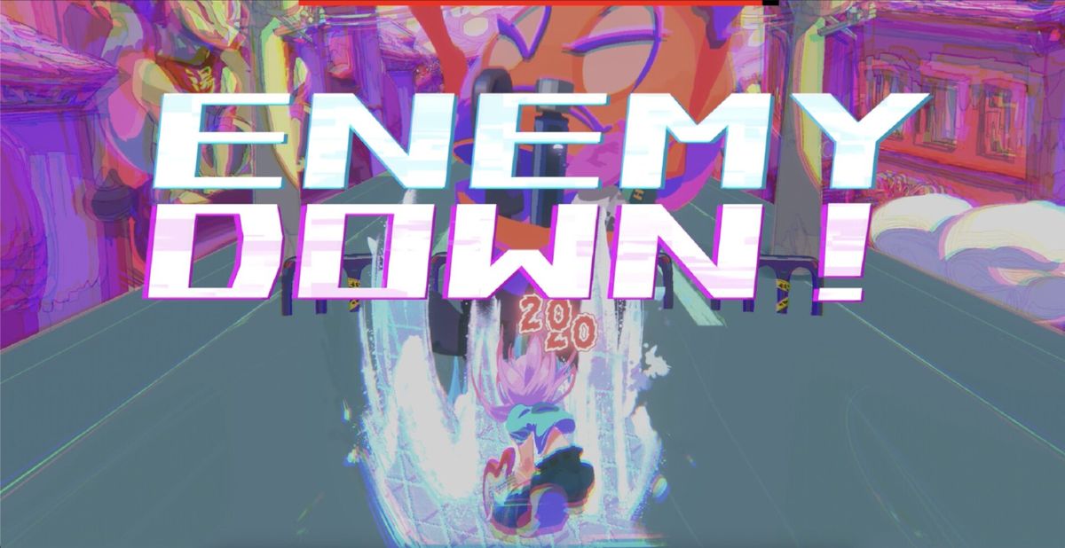 战斗场景截图，主角在五线谱舞台上跳跃，音符化作攻击波向怪物敌人飞去