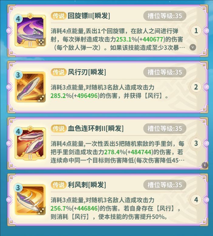 特训营群体技能升级路径图，呈现回旋镖至利风刺的连招演变