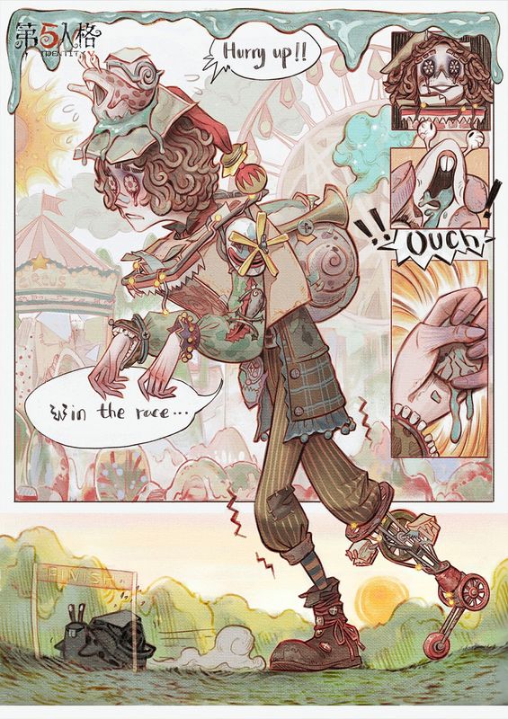 哭泣小丑-逐风蜗时装海报，角色身披纸箱外壳，头顶发光蜗牛壳，行走在梦幻森林中，周围漂浮星光与彩带