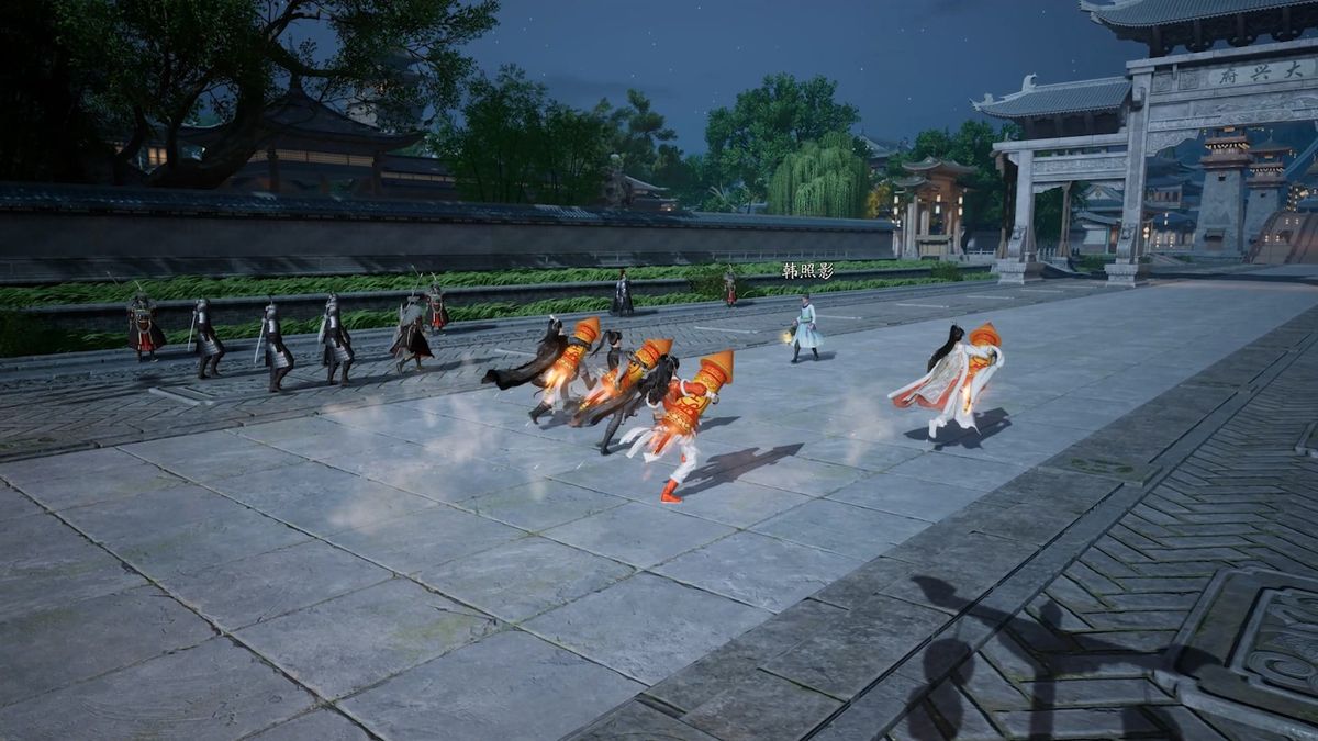 ‘窜天猴’全速冲刺时尾部拖出金色火星光带，角色身体前倾，背景为夜色下的江湖城楼