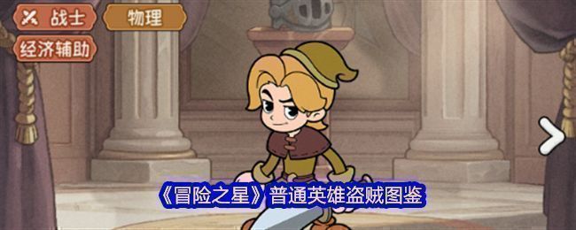 《冒险之星》游戏界面中展示的盗贼英雄立绘，身穿暗色皮甲，手持短刃，眼神锐利，充满敏捷与神秘感