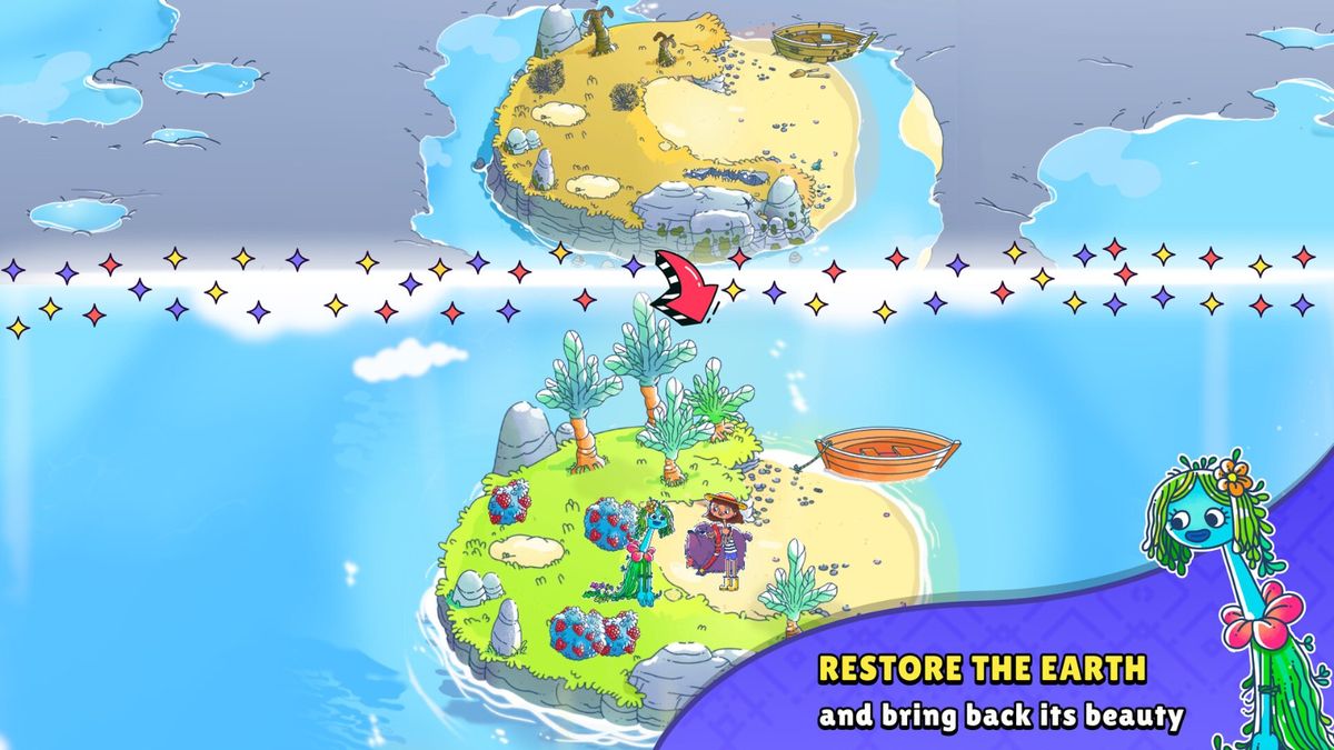 派对岛屿场景，彩灯闪烁，拼图块呈现蛋糕与气球造型，氛围欢快