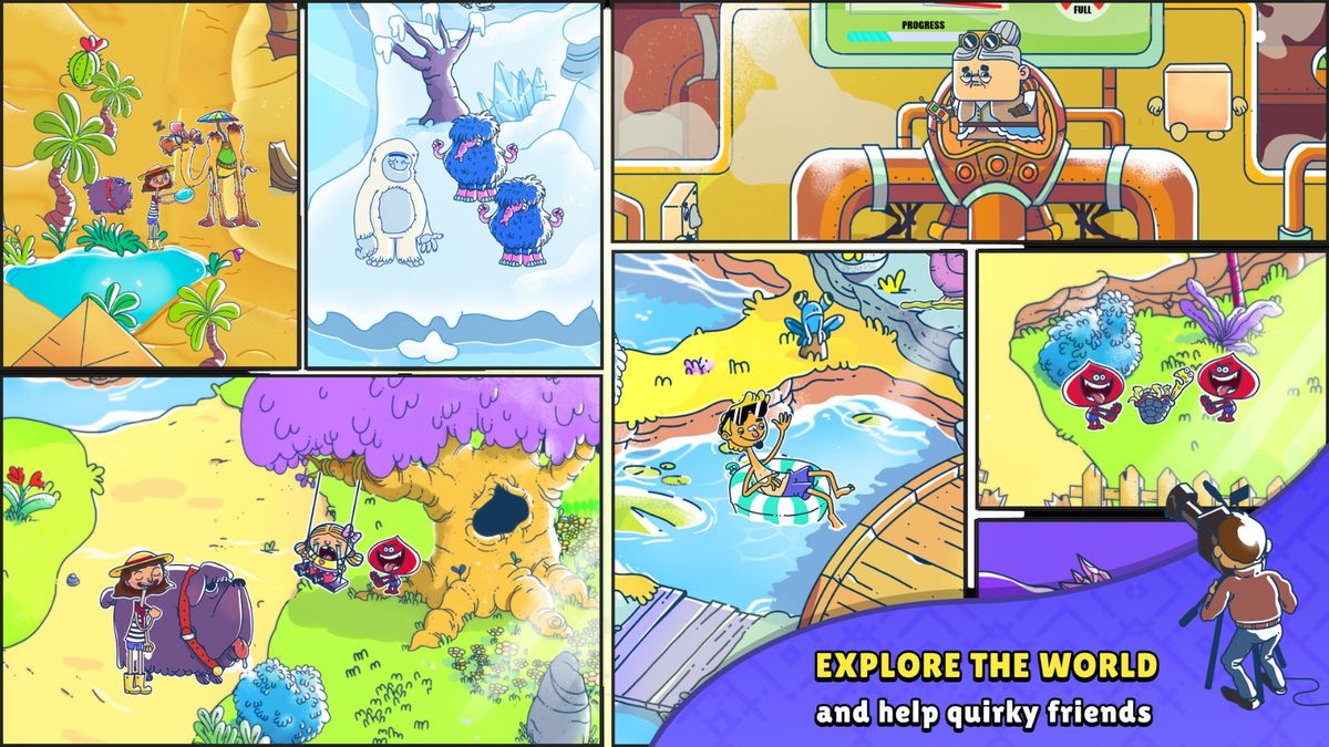 角色互动画面，小狗与一只兔子角色在篝火旁分享浆果，温馨治愈