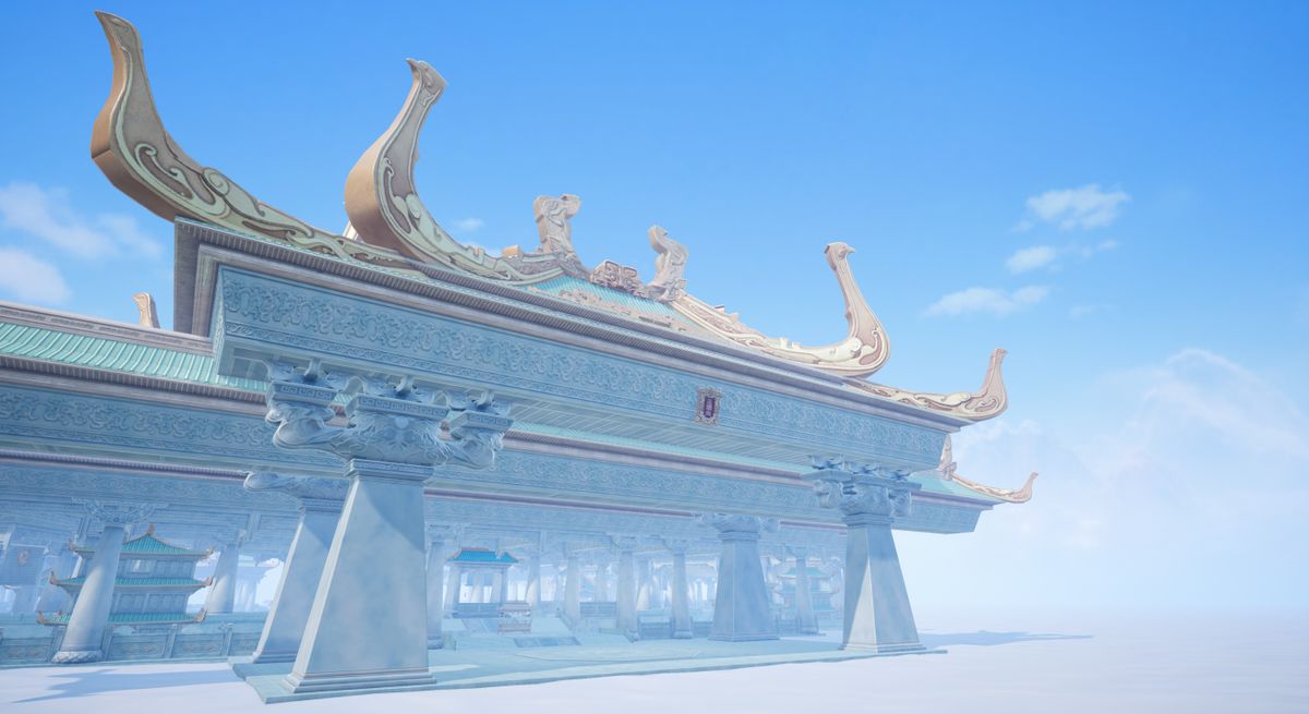 游戏中四位联动角色并列展示，哪吒与敖丙居中，背景为玉虚宫与祥云特效