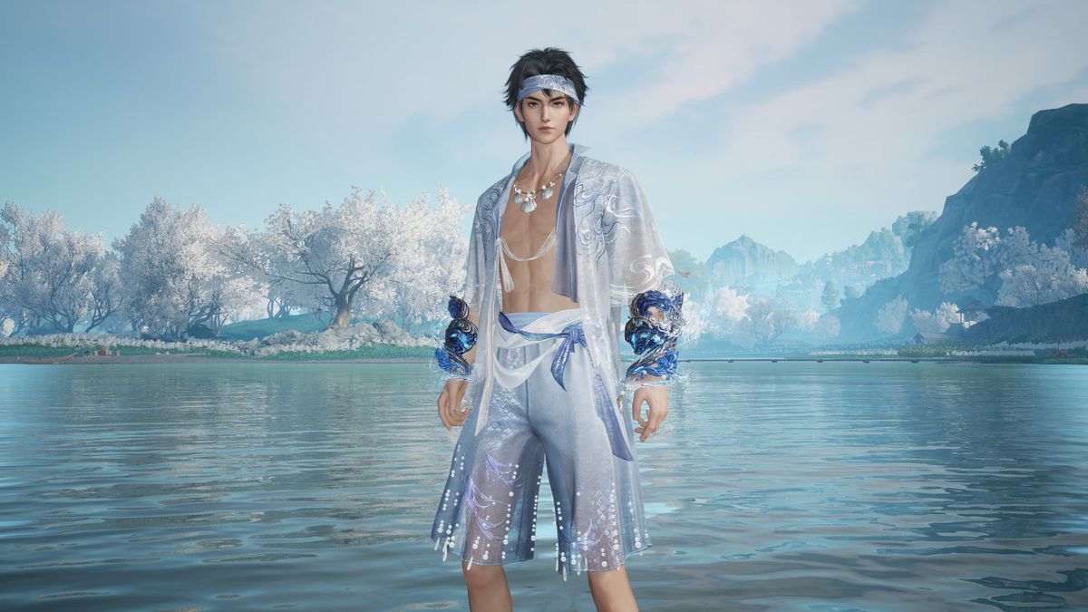 「引沧浪」护手特写，护手内侧呈现贝壳纹理，外圈环绕流动水珠特效，光影细腻