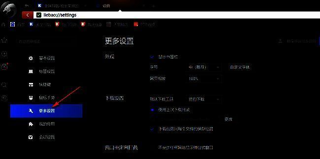 设置界面左侧“更多设置”选项被选中，右侧内容随之切换