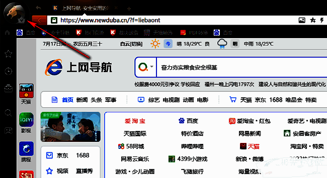 猎豹浏览器主界面，左上角显示用户头像框，界面简洁直观