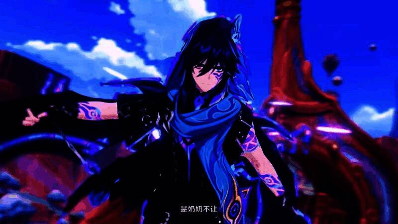 恰斯卡手持武器站立于战场中央，身后是燃烧的战场与飞舞的羽毛